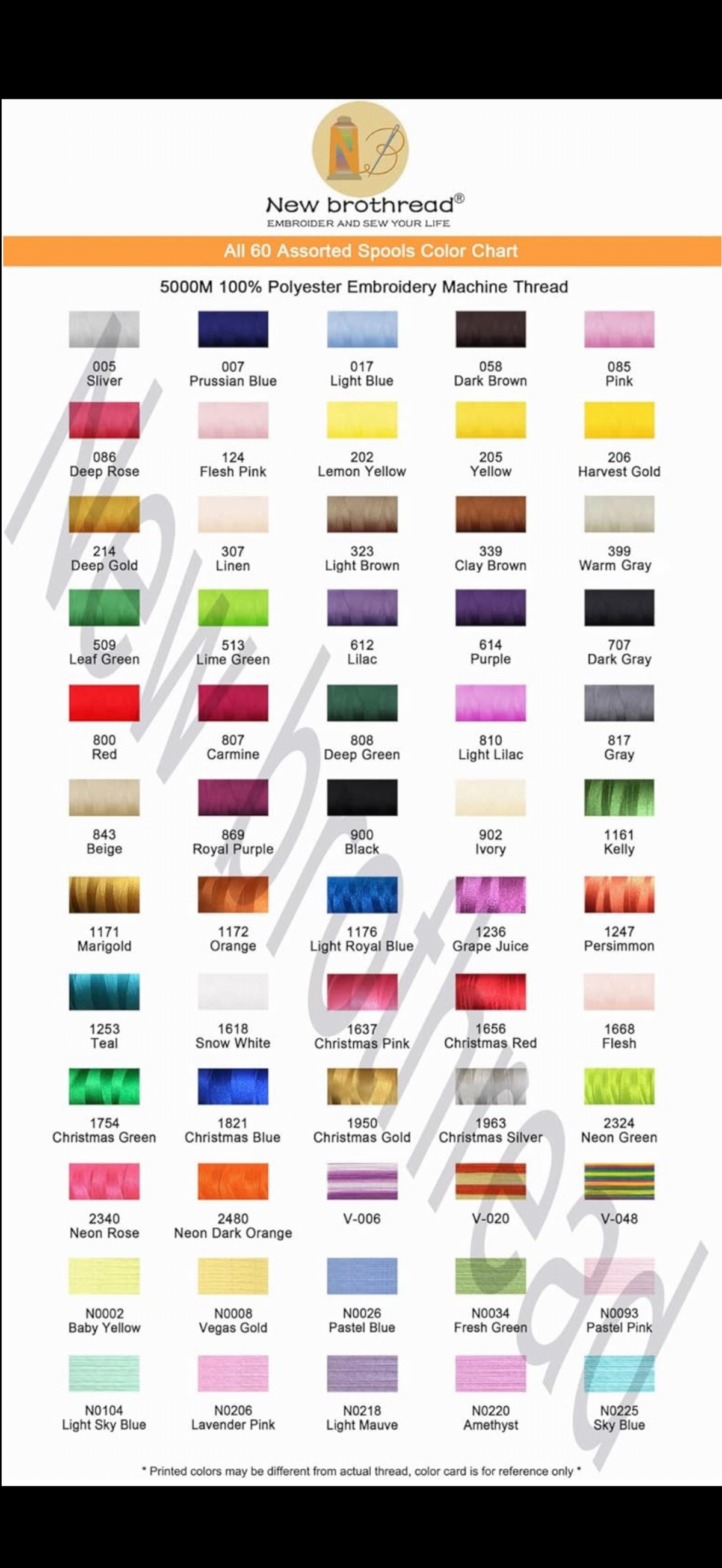 A color chart sheet for New BrotherThread 500M 100% Polyester Embroidery Machine Thread, displaying a grid of various thread colors with their corresponding names and codes.